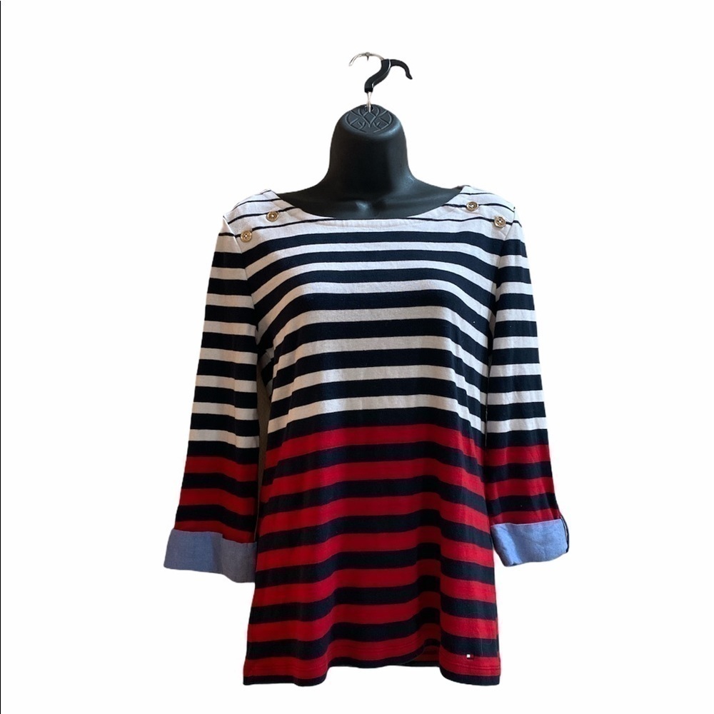 Tommy Hilfiger Ainsley Crewneck Shirt Navy Red Stripe Women’s Size S NWT